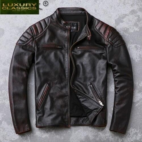 High Quality Real Cow Leather Jacket Men Vintage Slim Motorcycle Jackets Streetwear Mens Clothing Chaqueta Cuero Hombre 0