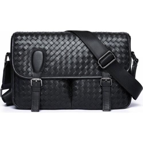 Mens woven business shoulder bags genuine leather messenger bags fashion large capacity soft cowhide man handbag