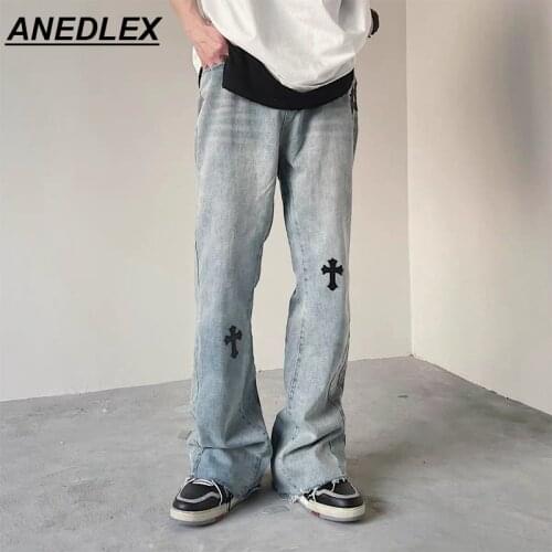 Men/Women Embroidery Cross Jeans High Street Loose Trousers Streetwear Hip Hop College Style 2021 New Men Denim Flared Pants