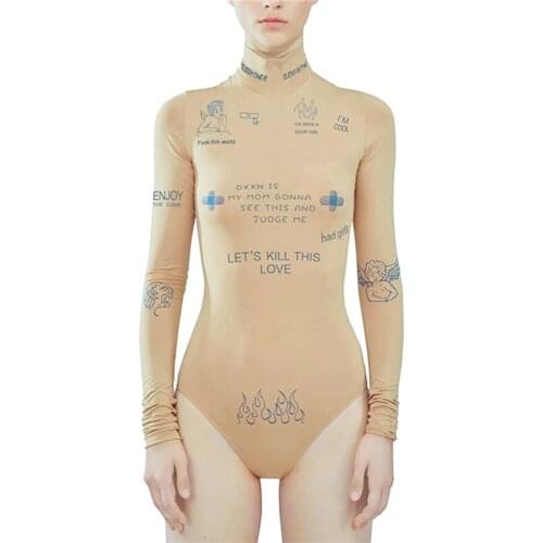 2021 New Womans Sexy Letter Cartoon Print Slim Jumpsuit Turtleneck Long Sleeve Elastic One-piece Daily Life Romper