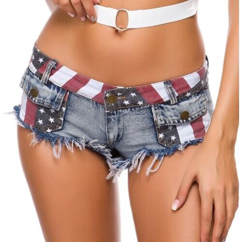 New Sexy Low Waist Hole Us Flag Print Womens Pockets Ripped Denim Jean Shorts