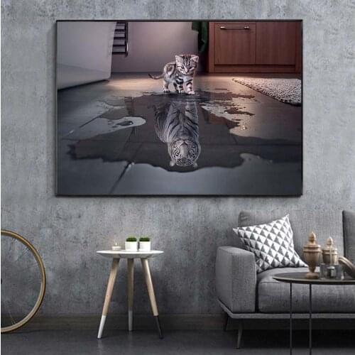 Cartoon Animals Posters the Reflection of a Cat is Like a Tiger Wall Art Painting Prints on Canvas Pictures Home Kids Room Decor