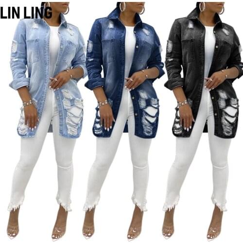 LINLING Denim Jacket Long Sleeve Lapel Button Down Ripped Jeans Jacket Coat Plus Size Jean Jacket for Women