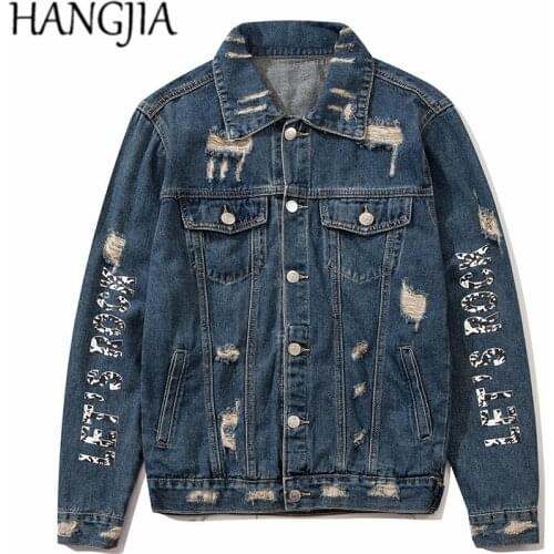 Blue Ripped Jeans Jackets Hip Hop Distressed Denim Jackets Men Letters Printed Denim Jackets for Men High Street Male Outwear