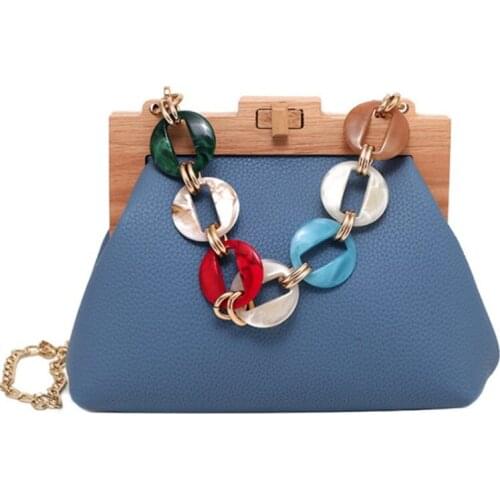 Wooden Clip Women Shoulder Messenger Bags 2021 New PU Leather Crossbody Purse Ladies Chains Handbags Bolsas De Mujer