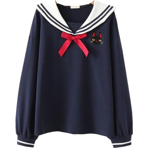 Japan Style Cute Women Sweatshirts Cartoon Cat Embroidery Hoodies Long Sleeve Sailor Collar Sweet Girl Pullovers Tracksuits