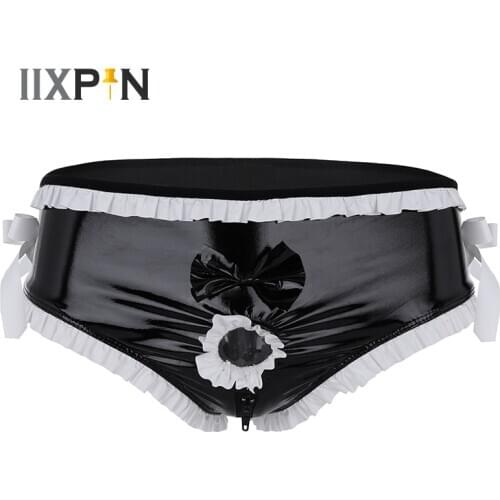 Men Sissy Lingerie Shiny Faux Leather Panties Ruffled Trim Bowknot Zipper Crotch Sissy Bikini Briefs Underwear Sexy Underpants
