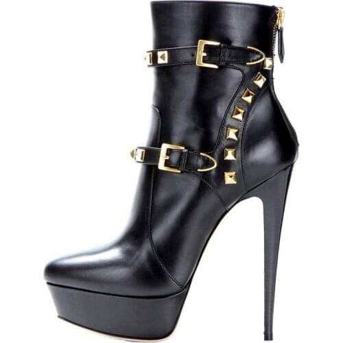 Unisex Men Women Sexy Pointed Toe Rivets Decoratio Flatform Stiletto Heel Booties Black Martin Boots 41 42 43 44 45 10 12 13
