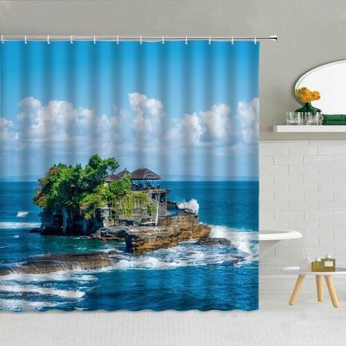 Sea Green Trees Reef Mountains Water Natural Scenery Shower Curtain Set High Quality Fabric Bathroom Supplies Decor With Hooks