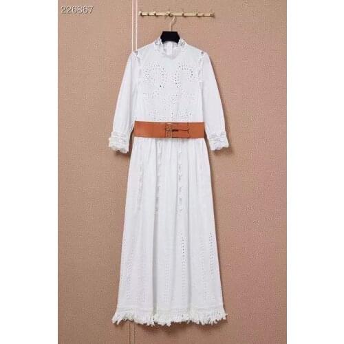 Women Vintage White Long Designer Runway Dresses High Quality Hollow Out Floral Embroidery Belt Party Tassel Dress