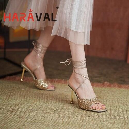 HARAVAL Women Slides Shoes High Heels Cotton Fabric Genuine Leather Sexy Fashion Elegant Red Black Sliver Gold Outside B74
