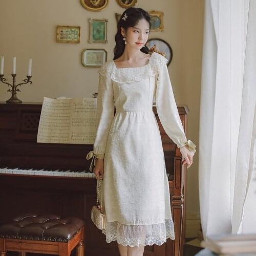 Robe Puff Sleeve Jacquard Gentle Romantic Dresses Square Neck Lace Embroidered Ruffled Fairy Sweet Elegant French Evening Dress