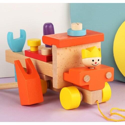 Mupin wood childrens wooden early education colorful screw car knocks the pull rope tow truck engineering car nut toy car