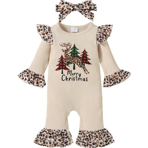 Baby Leopard Print Clothes Set Christmas Long Flared Sleeve O-neck Jumpsuit+Bow-knot Headband Childrens Clothing suits