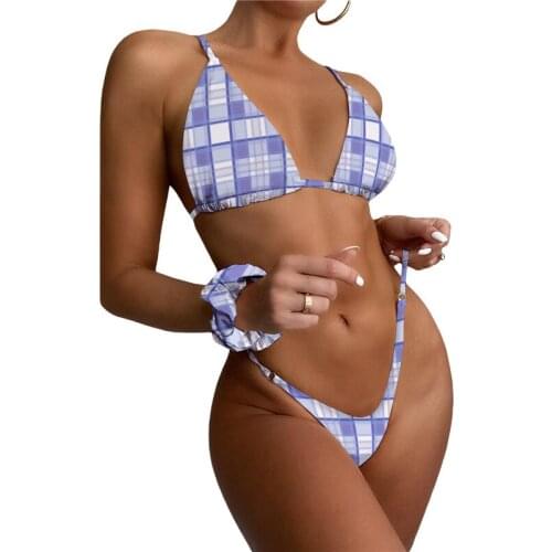 Women 3pcs Bikini Set Deep V-Neck Drawstring Tank Tops With Triangle Bottoms Headband Female Red Yellow Blue Plaid Bikini Set