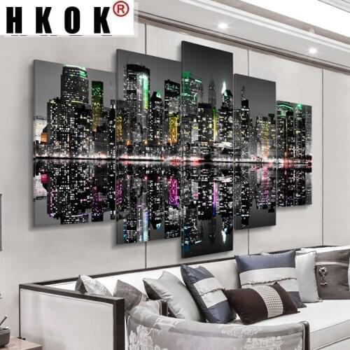 HKOK 5 Panels Modular Abstract Canvas Paintings Posters Prints World Map Cityscape Sofa Wall Art Picture Home Decor Living Room