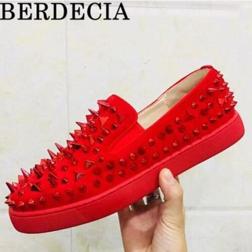 Berdecia Mens Casual Flats Manual Shoes Spikes Flock Red Color Leisure Style Full Studded Slip-On Chaussures Male Sneakers