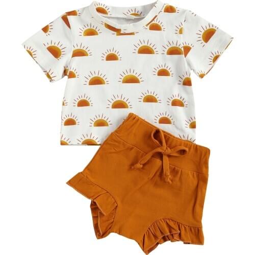 OPPERIAYA Baby Girls Two-piece Summer Clothes Set Sun Printed Pattern Short Sleeve round nenck Tops Bandage Solid Color Shorts