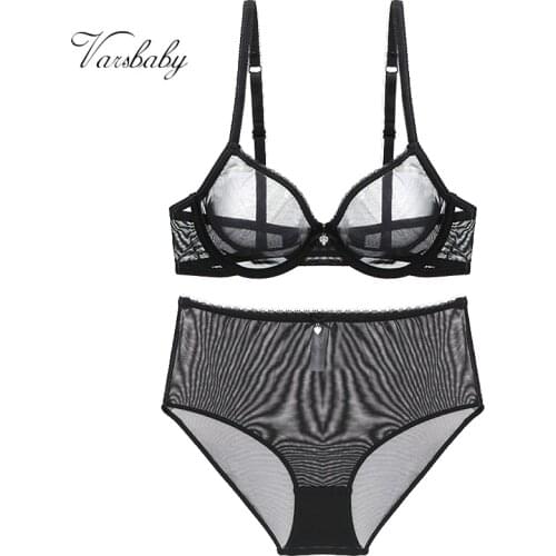 Varsbaby Sexy See-Through Underwear Transparent High-Waist Briefs Yarn Bra And Panty Set