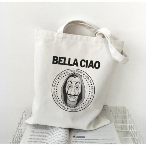 Bella Ciao Mask Male Letter Print shopping bag Large Shoulder Canvas Bags La Casa De Papel Camiseta Handbag Fun Women Bag Wallet