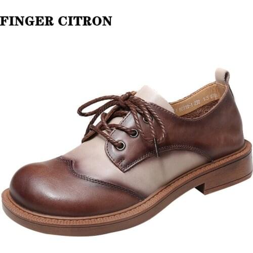 Finger Citron Women Retro Classic Shoes Genuine Cow Leather Big Round Toe Rubber Outsole Comfortable By Handmade Size 35-40