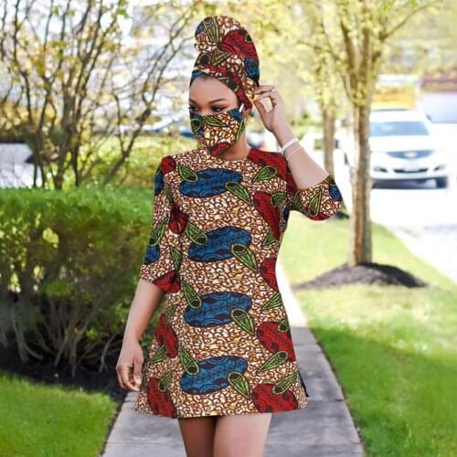 2021 African Print Dress Outfit For Women Dashiki Top Shirts+Headwrap+mask Headband Traditional Party Dress Plus Size