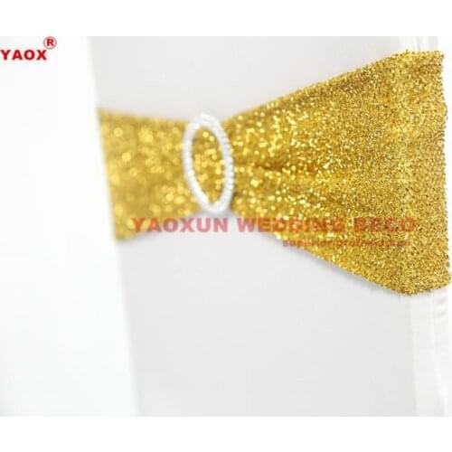Gold Color Sequin Chair Band Spandex Chair Sash Tie Bow With Buckle For Chair Cover Banquet Wedding Decoration