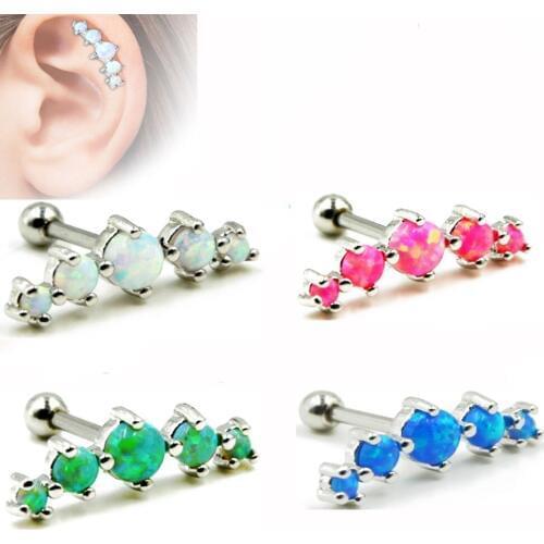Showlove-1Pcs Opal Prong Set Gem Helix Tragus Lobe Barbell Bar Earrings Ear Studs Piercing 16g Body Jewelry