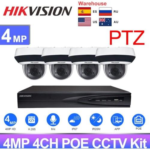 Hikvision 4MP CCTV Kit PTZ 4CH 4K NVR DS7604NI-K1/4P Mini PTZ DS-2DE2A404IW-DE3 Built-in Mic Audio