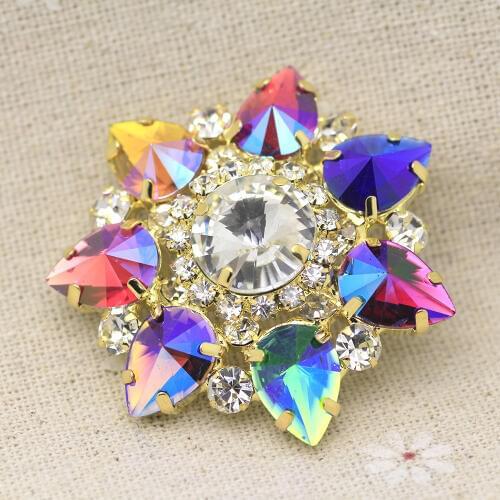 Colorful Flower Rhinestone applique Crystal strass sew on rhinestone with golden base claw DIY shoes Clothes garments