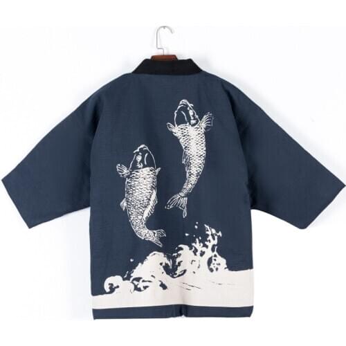 Japanese Traditional Koi Print Kimono Cardigan Thick Cotton Jacket Haori Coat Outterwear Yukata Home Clothes Men Loose Pajamas