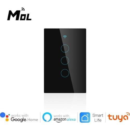 Tuya Wifi Smart Light Switch US 3 Gang Black Touch Panel Wall Switch 110-240V Neutral Required Compatible Alexa Google Home