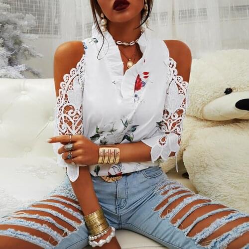 40# Sexy Floral Print Off Shoulder Blouse Shirts Women V-neck Lace Broken Sleeve Elegant Blouse Casual Tunic Tops Tee Blusa