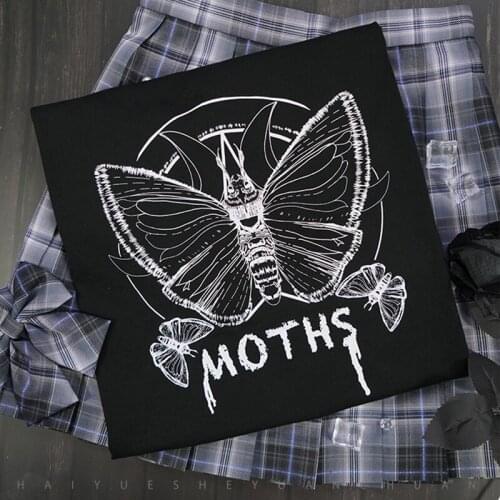 Aesthetic Dark Demon Moth Print Goth Streetwear Summer Top Harajuku Punk Jk Girl Casual Chic Vintage Hip Hop Loose Women T-shirt