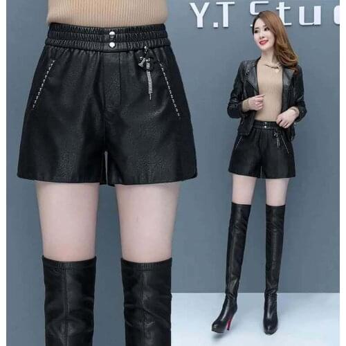 2021 Women Leather Shorts Female PU Elastic High Waist Solid Color Wide Leg Shorts with Belt Ladies Loose Vintage Short H399