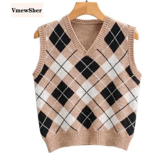 VmewSher New Vintage Argyle Sweater Vests Women Autumn 2020 Knitted Tank Sleeveless Pullover Crop Top V Neck Short Jumper Plaid
