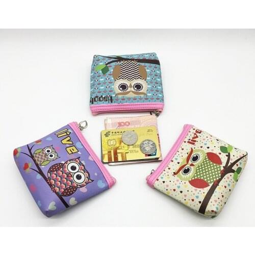 Womens Cartoon OWL Printing Pu Leather Zipper Small Coin Purse