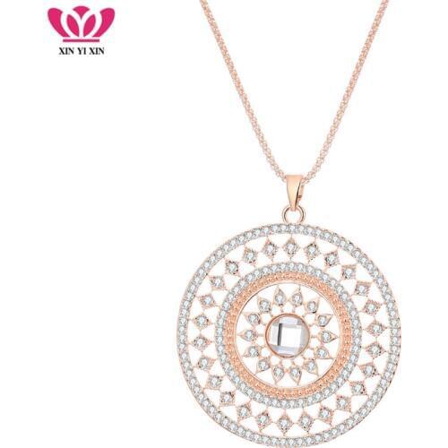 Round Crystal Pendant Statement Necklace For Women Rose Gold Color Elegant Sweater Chain Long Necklace Fashion Jewelry Gifts