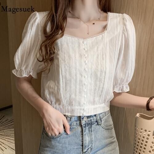 2021 Summer New Korean Short Sleeve Blouse Women All-match Square Collar Puff Sleeve Short Shirt Solid Buttons Casual Top 9364
