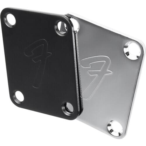 70s F Logo Strat/Tele 4-Bolt Chrome/Black Guitar Neck Plate Neckplate w/Screws