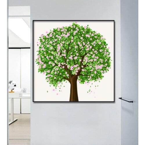 Abstract Big Green Tree and Pink Flowers Canvas Posters Wall Art Print Modern Painting Bedroom Living Room Decoration Picture