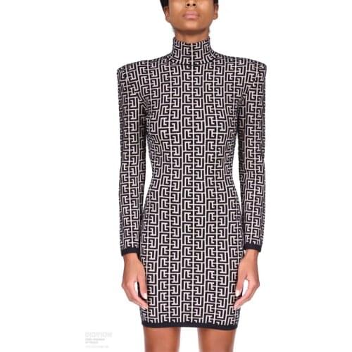 Free Shipping Wholesale Womens Dress Black Strips Jacquard Long Sleeve Casual Celebrity Cocktail Party Bandage Dress