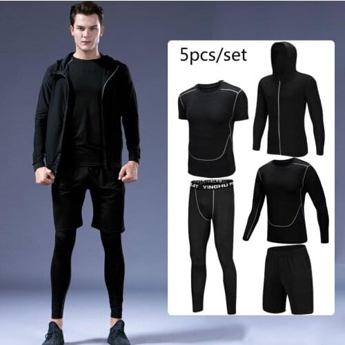 Quick Dry Mens Running Sets 5pcs/sets Compression Sport Suits Basketball Tights Gym Fitness Workout Sportswear Hooded Clothes