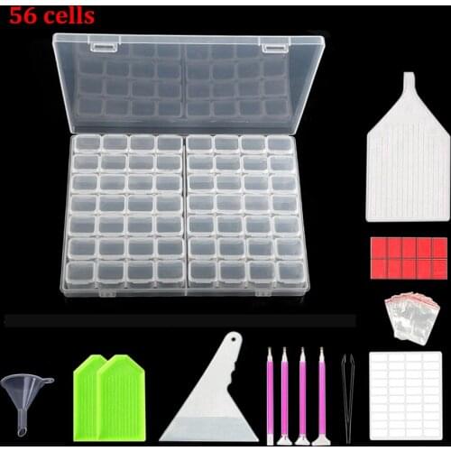 Diamond Painting Tools Sets with 64/56/28 Cells Plastic Storage Box Funnel Stickers etc for Diamond Painting Embroidery Tool Set