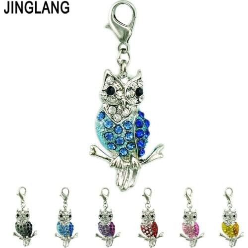 JINGLANG Wholesale Fashion Charms Lobster Clasp Dangle Rhinestone Owl Charms Animals DIY Pendant Jewelry Making Accessories