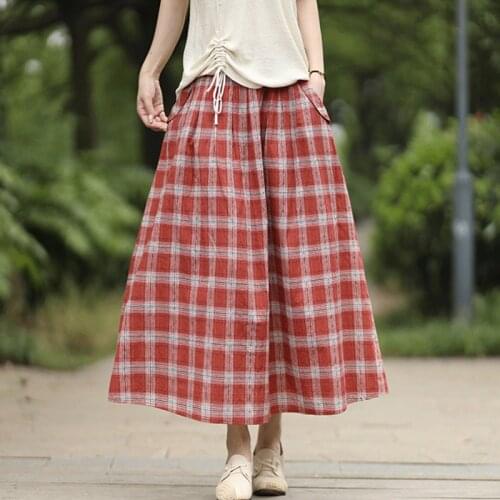 Johnature Women Plaid Skirt Cotton Elastic Waist Pocket Casual Vintage Clothing 2021 Summer New Comfortable Soft Loose Skirts