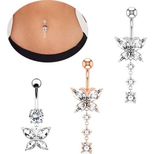Trendy Butterfly Belly Button Rings For Women Dangle Navel Rings Surgical Stainless Steel Bar Fashion Piercing Body Jewelry