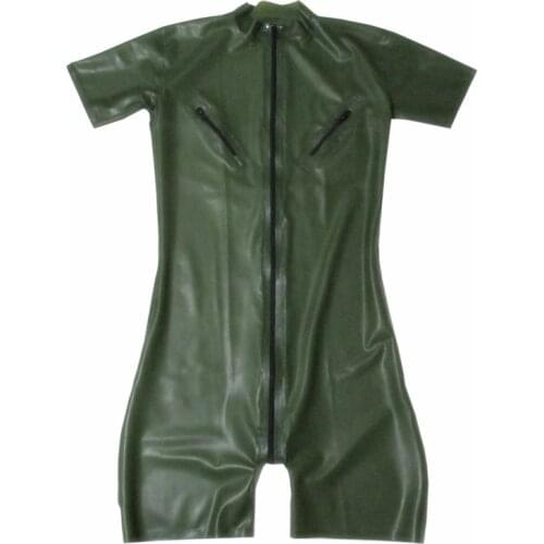 Army Green Men Latex Catcuit with Nipple Zips Rubber Short Legs Clothes Front Zip Custom Made S-LCM132