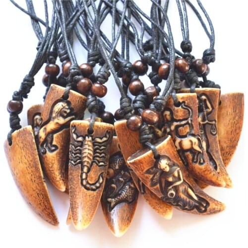 Brown Imitation Yak Bone Carved 12 Signs Zodiac Constellations Pendants Necklace For Men Women Amulet Wholesale 12pcs MN452