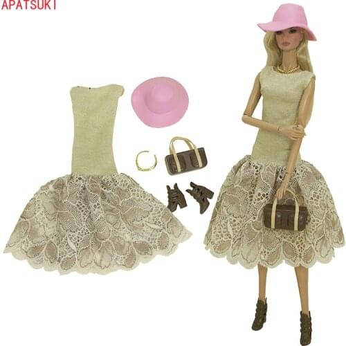 White Lace Evening Party Gown Dress Princess Big Dresses Outfit Hat Set Clothes for Barbie Doll Clothes for 1/6 BJD Doll Kid Toy